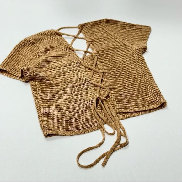 Jolie & Joy Knit Crochet Top Lace Up Back Crop Sweater L - Picture 5 of 13